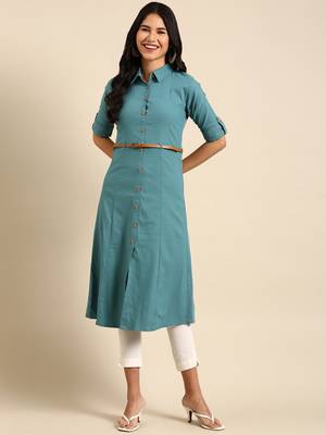 Showoff women's calf length shirt collar teal solid a-line kurta 4