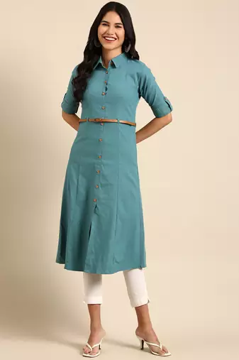 Showoff women's calf length shirt collar teal solid a-line kurta