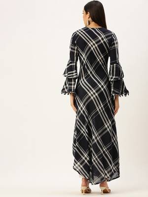 women's ankle length round neck navy blue checked a-line kurta 4