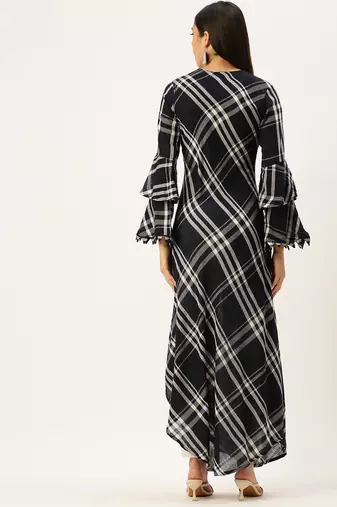 women's ankle length round neck navy blue checked a-line kurta