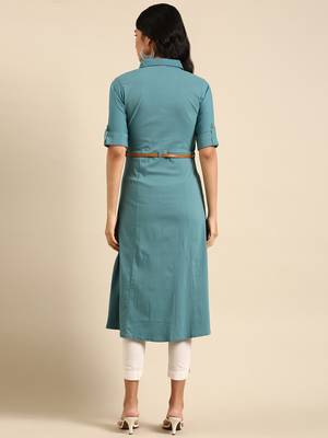 Showoff women's calf length shirt collar teal solid a-line kurta 5