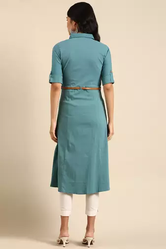 Showoff women's calf length shirt collar teal solid a-line kurta
