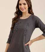 women's calf length round neck grey solid straight kurta