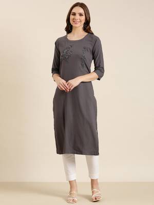 women's calf length round neck grey solid straight kurta 2