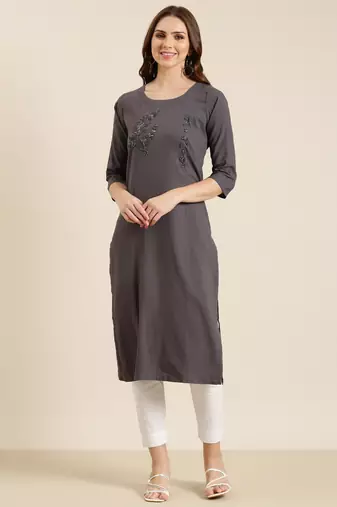 women's calf length round neck grey solid straight kurta