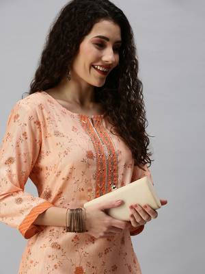 women's calf length round neck orange floral straight kurta 1