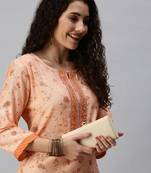 women's calf length round neck orange floral straight kurta