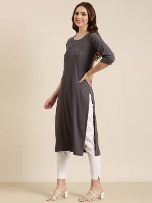 women's calf length round neck grey solid straight kurta 3