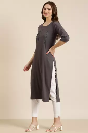 women's calf length round neck grey solid straight kurta