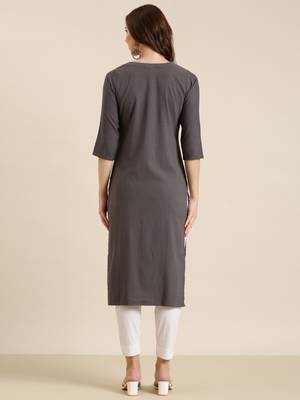 women's calf length round neck grey solid straight kurta 4