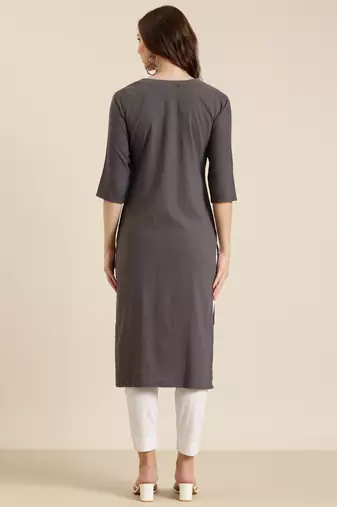 women's calf length round neck grey solid straight kurta