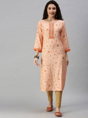 women's calf length round neck orange floral straight kurta 2