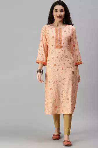 women's calf length round neck orange floral straight kurta