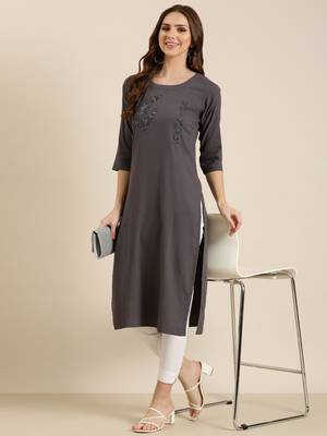 women's calf length round neck grey solid straight kurta 5