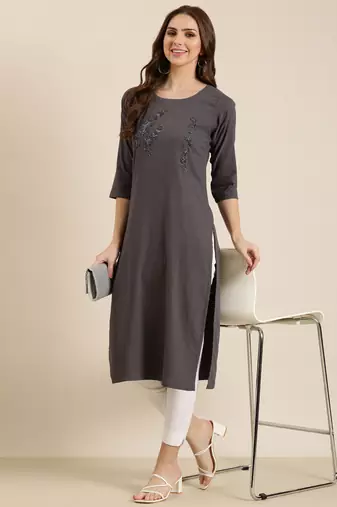 women's calf length round neck grey solid straight kurta