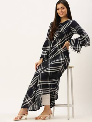 women's ankle length round neck navy blue checked a-line kurta 5