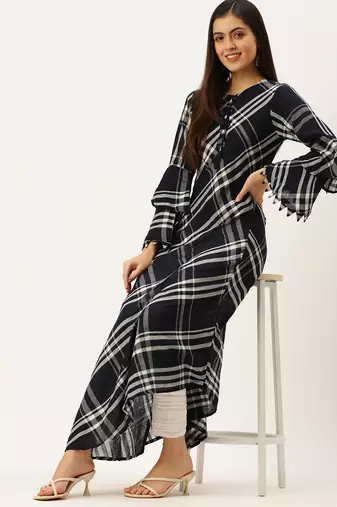 women's ankle length round neck navy blue checked a-line kurta