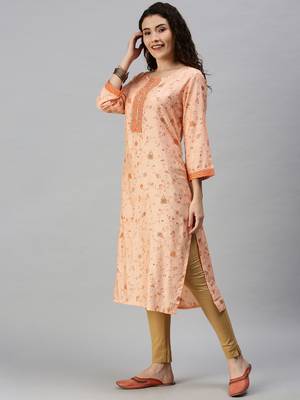women's calf length round neck orange floral straight kurta 3