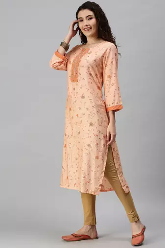 women's calf length round neck orange floral straight kurta