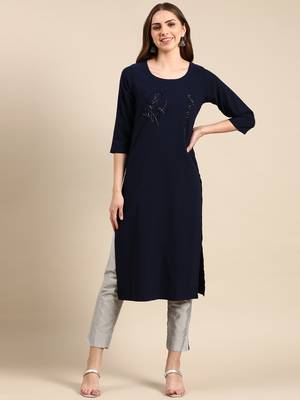 Showoff women's knee length scoop neck navy blue embellished straight kurta 1