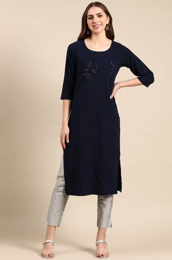 Showoff women's knee length scoop neck navy blue embellished straight kurta