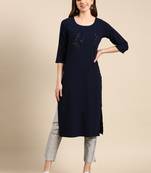 Showoff women's knee length scoop neck navy blue embellished straight kurta