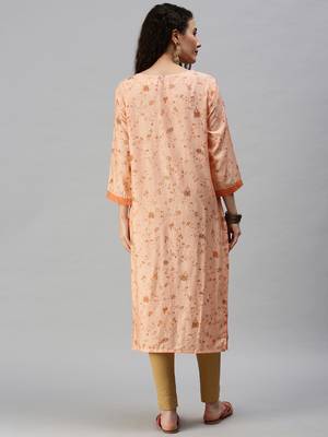 women's calf length round neck orange floral straight kurta 4