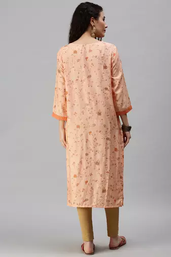 women's calf length round neck orange floral straight kurta