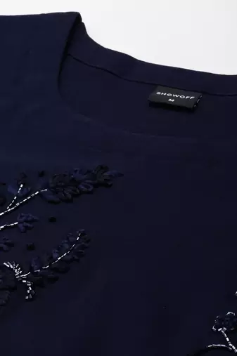 Showoff women's knee length scoop neck navy blue embellished straight kurta