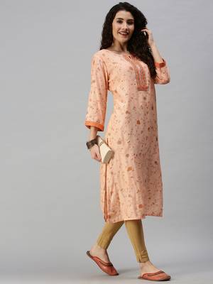 women's calf length round neck orange floral straight kurta 5