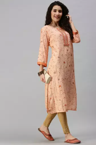 women's calf length round neck orange floral straight kurta