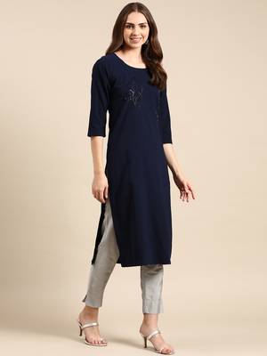 Showoff women's knee length scoop neck navy blue embellished straight kurta 5