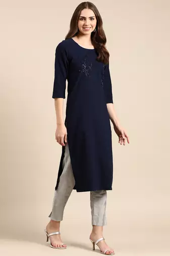 Showoff women's knee length scoop neck navy blue embellished straight kurta
