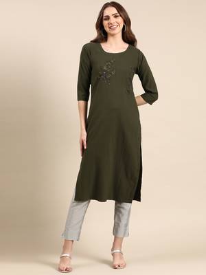 women's knee length scoop neck olive embellished straight kurta 1