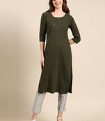 women's knee length scoop neck olive embellished straight kurta
