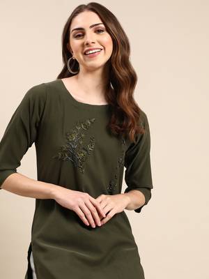 women's knee length scoop neck olive embellished straight kurta 2