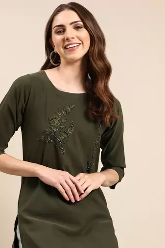 women's knee length scoop neck olive embellished straight kurta