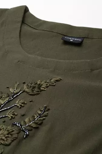 women's knee length scoop neck olive embellished straight kurta