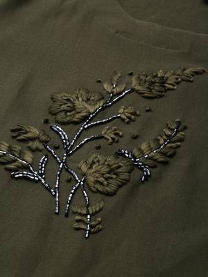 women's knee length scoop neck olive embellished straight kurta 4