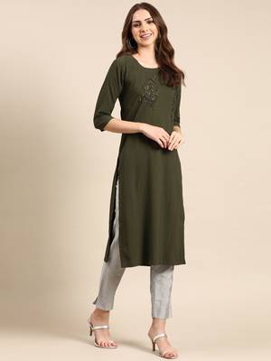 women's knee length scoop neck olive embellished straight kurta 5