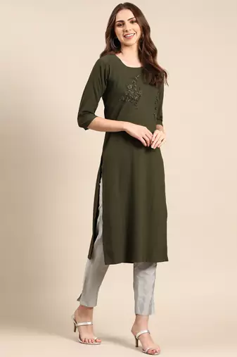 women's knee length scoop neck olive embellished straight kurta