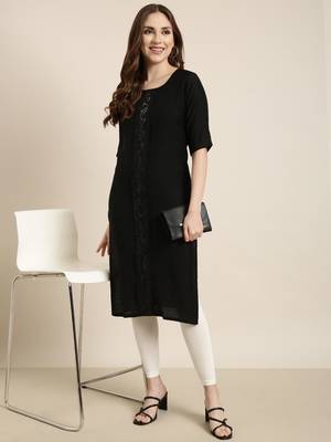 women's calf length round neck black solid straight kurta 1