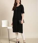 women's calf length round neck black solid straight kurta