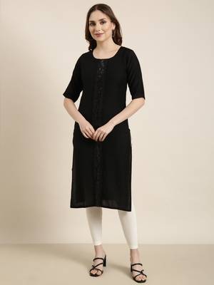 women's calf length round neck black solid straight kurta 2