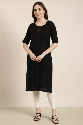 women's calf length round neck black solid straight kurta