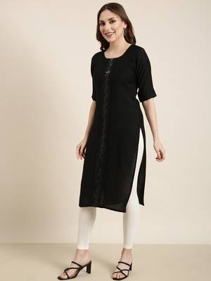 women's calf length round neck black solid straight kurta 3