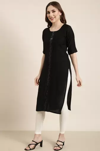 women's calf length round neck black solid straight kurta