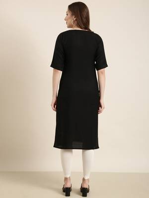 women's calf length round neck black solid straight kurta 4