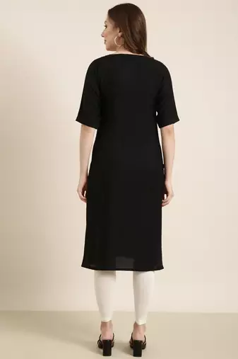 women's calf length round neck black solid straight kurta