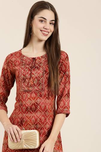 women's knee length tie-up neck rust bandhani straight kurta